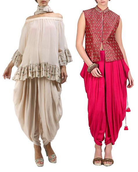 Nikasha. Champagne grey cold shoulder top, cowl dhoti pants in crepe. Pink mandarin collar sleeveless jacket tailored in brocade accentuated with embroidery, cowl dhoti pants in crepe Dhoti Shalwar, Mehandi Outfits, Lengha Blouse Designs, Ethnic Trends, Kaftan Designs, Velvet Dress Designs, Frock For Women, Dhoti Pants, Traditional Indian Outfits