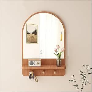 Rustic Arched Wall Mirror with Hooks Solid Wood Frame, Hanging Storage Wall Mirror, Decorative Wooden Home Storage Box, Suitable for Bathroom, Bedroom, Entrance, Living Room (Color : Wood, Size : 50 Wall Mirror With Hooks, Arched Wall Mirror, Entrance Living Room, Arched Wall, Bedroom Entrance, Mirror With Hooks, Storage Wall, Wooden Home, Room Color