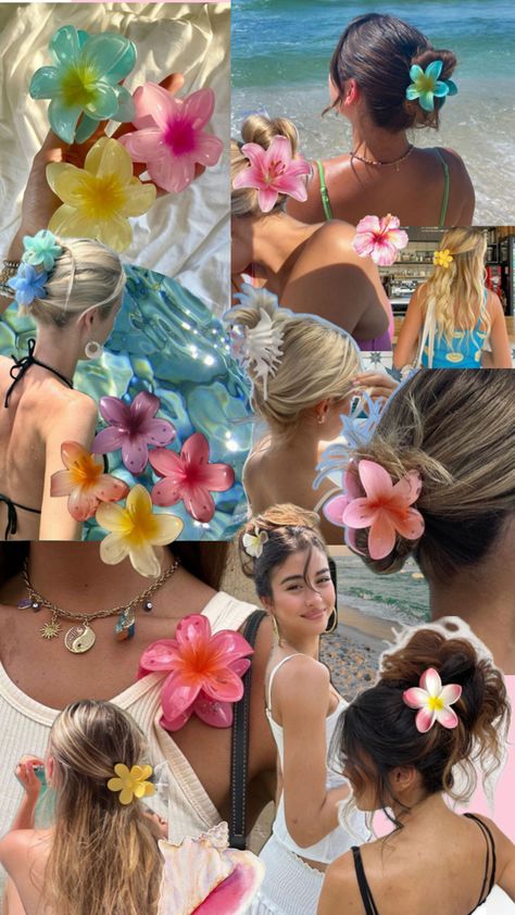 Summer vibes , flower hairclips, summer aesthethic Beach Photo Inspiration, Cute Summer Wallpapers, Girls Vacation, Hair Claw Clips, Hawaiian Flowers, Claw Clips, Foto Ideas Instagram, Summer Wallpaper, Flower Clip