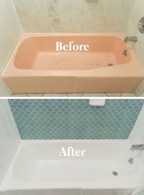 Learn how to paint a bathtub and shower tiles for under $50. It's a complete bathroom transformation! I took my pink tub to white in a weekend. How To Paint Bathtub, Paint Bathtub, Bathtub Diy, Bathtub Paint, Bathtub Tile Surround, Bathtub Makeover, Bathtub Painting, Pink Bathtub, Shaving Cream Painting