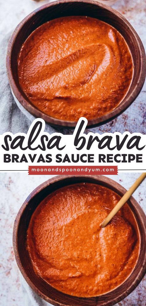 Your easy homemade staples won't be complete without salsa brava! This bravas sauce recipe is a DIY condiment that's vegan, dairy-free, gluten-free, nut-free, and soy-free. Rich and flavorful, you can use this spicy Spanish tomato sauce in so many ways! Spanish Dipping Sauce, Spanish Tomato Sauce, Salsa Quemada Recipe, Spanish Sauces, Bravas Sauce Recipe, Patatas Bravas Sauce, Brava Sauce, Spanish Sauce Recipe, Bravas Sauce