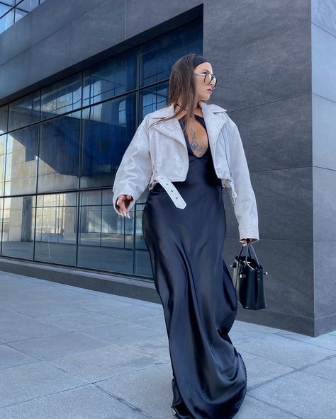 Wearing this dress on repeat 🖤 [maxi dress, black dress, satin dress, leather jacket, cropped jacket, neutral outfit, fall fashion trends 2024, transitional wardrobe, fall colors 2024, casual fall outfits, easy outfits inspo, style inspo, daily outfit ideas, fashion style, outfit post, street style, trendy outfits, minimal fashion, minimalist style, ootd, fashion blogger, grwm, look book, how to style, casual chic, capsule wardrobe, European style] #blackdresses #maxidresses #satindress #c... Satin Dress Leather Jacket, Satin Dress Fall Outfit, Satin Dress Fall, Casual Chic Capsule Wardrobe, Neutral Outfit Fall, Dress Leather Jacket, Leather Jacket Cropped, Daily Outfit Ideas, Chic Capsule Wardrobe