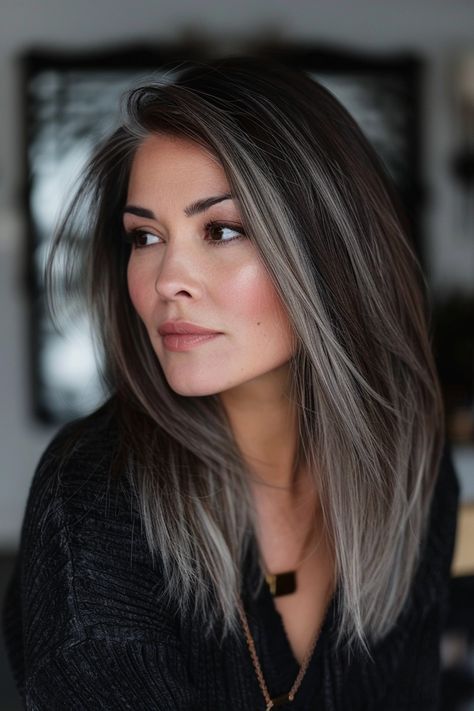 Slightly Highlighted Brown Hair, Womens Dark Hair With Highlights, Blending Brown And Grey Hair, Gray Blending Asian Hair, Metallic Highlights Hair, Mid Length A Line Haircut, Silver Money Piece Hair Brunette, Brownish Gray Hair, Silver Lob Haircut