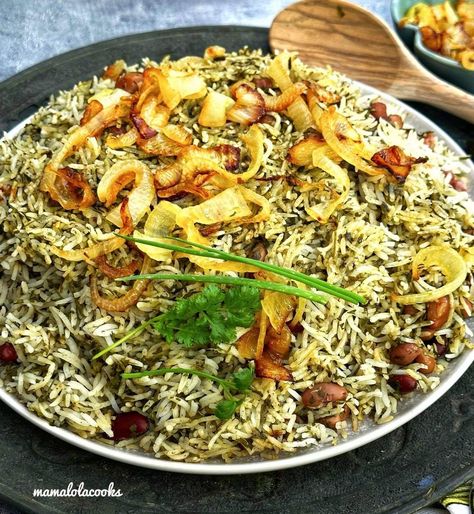 Baghali Polo (Persian Bean and Herb Rice) - Mama Lola Cooks Baghali Polo, Herb Rice, Broad Beans, Rice Side, Iranian Food, Garlic Chives, Broad Bean, Fried Onions, Basmati Rice