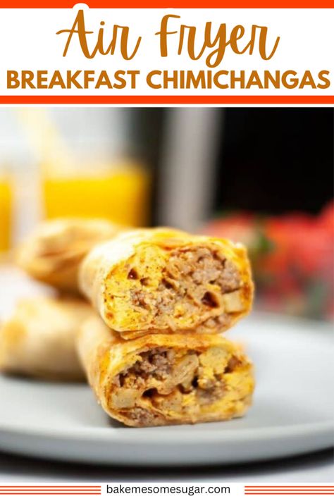 Air Fryer breakfast chimichangas are flour tortillas stuffed with sausage, potatoes, cheese, and eggs and air-fried to crispy perfection. An easy air fryer breakfast recipe that is going to win over your family for breakfast. Plus you can easily use for meal prepping and freeze the chimichangas to eat later. Chimichanga Recipe Air Fryer, Taco Air Fryer, Chimichanga Recipe, Air Fryer Breakfast, Oven Baked Bacon, Fried Breakfast, Sugar Recipes, Kid Snacks, Sausage Potatoes