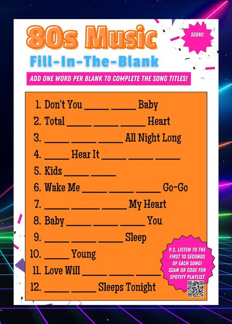 Excited to share the latest addition to my #etsy shop: 80s Music Trivia Game! - Fun, Modern Baby Shower or Party Game - Pairs with Custom Spotify Playlist - Instant Download - Printable https://etsy.me/3dMiS50 #babyshower #babyshowergame #modernbabyshower #funbabyshowe 80s Music Trivia, 80s Party Foods, Name That Tune Game, 80s Birthday Parties, Name That Tune, Music Trivia, 80s Theme Party, Trivia Questions And Answers, Trivia Game