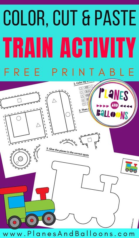 Free printable train worksheets for preschool - color by shape, cut and paste activity to practice fine motor skills. #prek #planesandballoons Train Activities For Toddlers, Preschool Transportation Crafts, Prek Printables, Trains Preschool, November Preschool, Preschool Transportation, Transportation Preschool Activities, Education Printables, Train Crafts