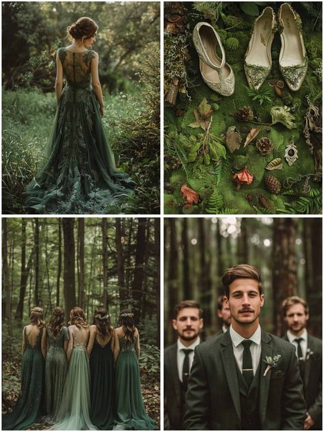 Wedding Dark Forest, Forest River Wedding, Wedding Ideas Enchanted Forest, Dream Mountain Wedding, Emerald Forest Wedding, Spring Forest Wedding Colors, Wedding Dress Forest Theme, Forest Theme Bridesmaid Dresses, Enchanted Forest Wedding Theme Decor