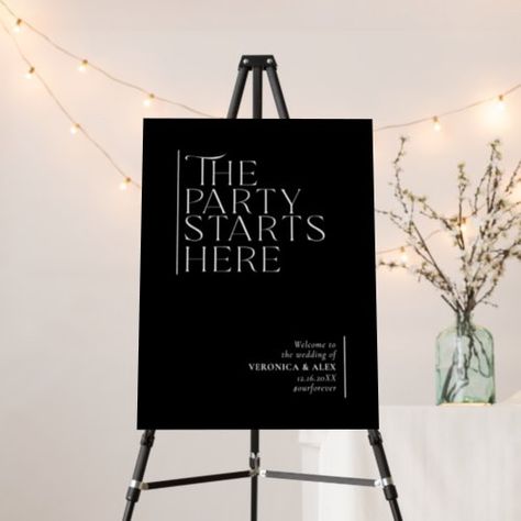 $46.70 | Party Starts Here Black Moody Wedding Welcome #the party starts here, wedding welcome sign, modern, unique, neutral, minimal, simple, black, white, moody Modern Minimalist Wedding, Wedding Initials, Black Minimalist, Moody Wedding, Minimal Wedding, Wedding Welcome Sign, Wedding Welcome Signs, Create Sign, Wedding Sign