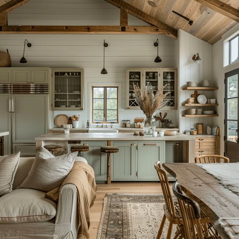 Big Cottage Kitchen, European Cottage House Interior Design, Non Modern House, Cozy Kitchen Modern, Cozy Farmhouse Interior Design, Open Plan Cottage Kitchen Living Room, Cottage House Vibes, New Build Cottage Interior, Kitchen English Cottage