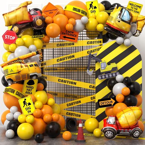 PRICES MAY VARY. 152Pcs Construction Birthday Party Supplies - You will get 132 latex balloons (5"+10"+12"+18"), 4 large foil balloons (1 construction truck, 1 excavator, 1 cement mixer truck, 1 crane), 1 caution tape, 12 caution signs, 100 dots, 1 ribbon (10m), 1 balloon chain (5m). With this comprehensive collection, you'll have everything you need to create a visually stunning construction party atmosphere. Captivate Young Imaginations - Ignite the imagination of budding construction engineer Kids Birthday Themes Boys, Construction Theme Party Decorations, Caution Sticker, Construction Birthday Party Food, Construction Theme Birthday, Construction Party Favors, Thomas Birthday Parties, Construction Party Decorations, Dump Truck Birthday Party