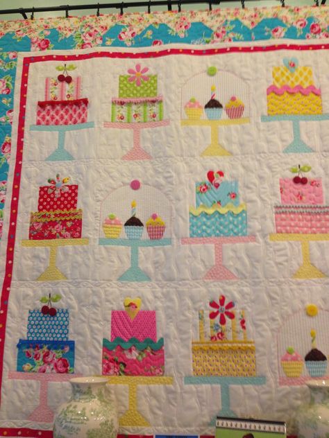 Sewn With Grace: Quilty Fun Turns One! Cake Quilt, Childrens Quilts, Sampler Quilts, Cakes And Cupcakes, Cute Quilts, Holiday Quilts, Crazy Quilting, Pretty Quilt, Quilted Table