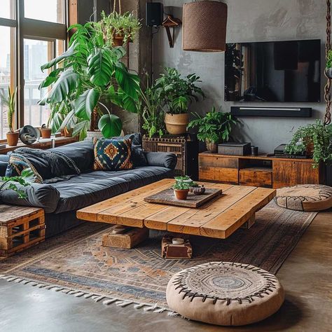 21+ Boho Industrial Living Room Ideas for the Modern Home • 333+ Images • [ArtFacade] Boho Meets Industrial Living Rooms, Industrial Boho Home Decor, Urban Style Home Decor, Rustic Boho Living Room Decor Vintage, Mid Century Modern Industrial Living Room, Industrial Interior Design With Plants, Industrial Nature Decor, Bohemian Inspired Living Room, Boho Industrial Interior