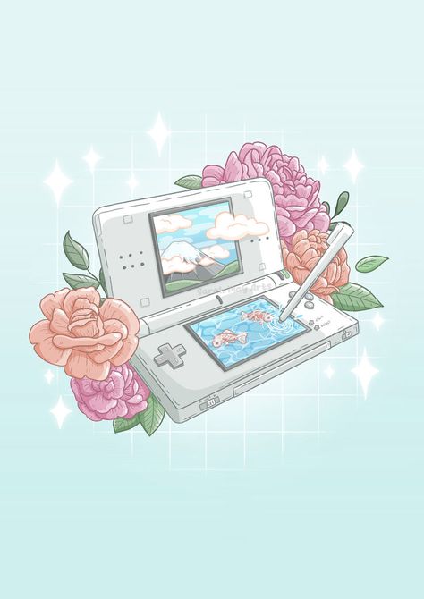 Original artwork by Sarah May Arts featuring a Nintendo DS Lite surrounded by detailed florals, featuring a japanese inspired theming on the dual screens. Sarah May, Nintendo Lite, Nintendo Ds Lite, Paper Background Design, Ds Lite, Cute Animal Drawings Kawaii, Brisbane Australia, Nintendo Ds, Cute Animal Drawings