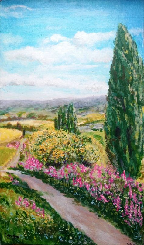 Countryside Acrylic Painting, Tuscany Italy Painting, Italian Acrylic Painting, Flower Garden Acrylic Painting, Tuscany Landscape Painting, Painting Ideas Italy, Italy Painting Acrylic, Italian Landscape Paintings, Italy Landscape Painting