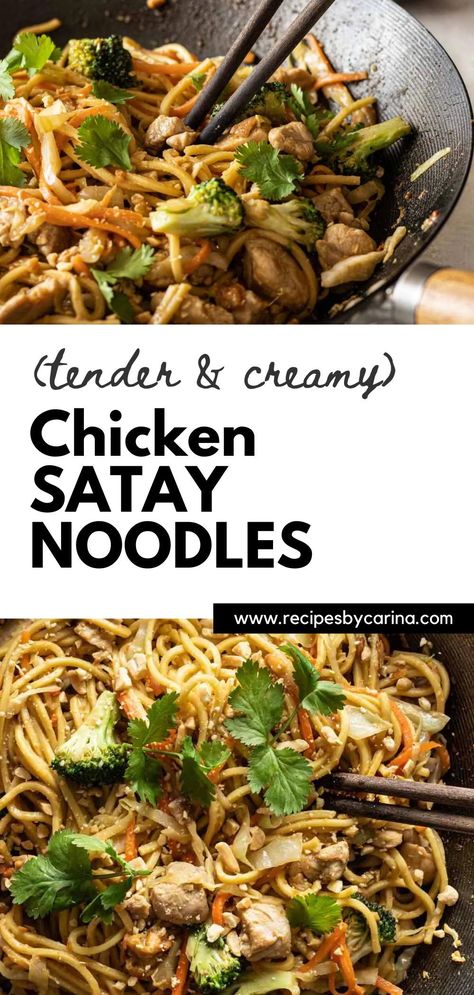 A delicious stir fry of tender chicken, egg noodles and fresh vegetables with a creamy peanut sauce. These Satay Chicken Noodles will become one of your favourite mid week meals! Chicken Satay Noodles With Peanut Sauce, Chicken Satay Noodles, Chicken Satay Stir Fry, Satay Chicken Noodles, Asian Chicken And Noodles Recipe, Satay Noodles Recipe, Satay Chicken Stir Fry, Chicken Egg Noodles, Satay Noodles