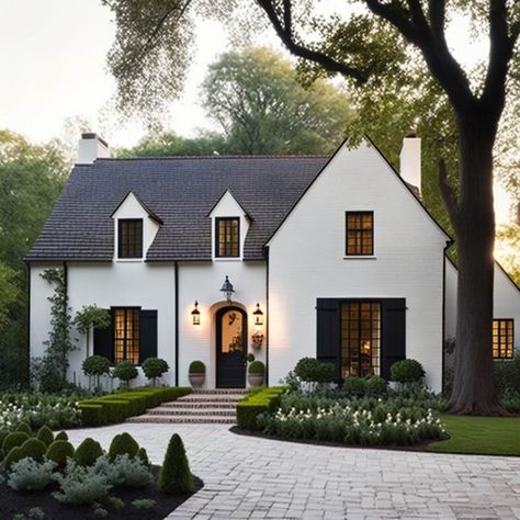 English Cottage Style House Exterior, White Brick House Curb Appeal, Tudor Style Barndominium, Traditional Siding Exterior, Cottage With Courtyard, Cottage Home Renovation, Arch House Exterior, Quirky Home Exterior, English Cottage Style Homes Exterior