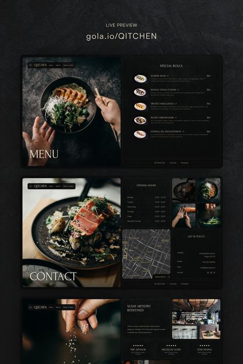 Qitchen, an elegant Restaurant Framer Template, crafted for dining establishments, restaurants, bars, bistros, cafes, coffee shops, and food or beverage enterprises. Luxury Food Menu Design, Instagram Feed Ideas Restaurant, Elegant Menu Design Restaurant, Elegant Restaurant Menu Design Ideas, Black Menu Design, Beverage Menu Design, Menu Design Cafe, Elegant Menu Design, Restaurant Website Design Inspiration