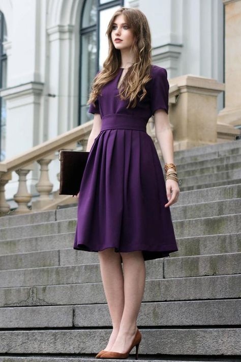 One Piece Dress Knee Length Casual, Purple Tops For Women, Purple Dress Outfits, Knee Length Dresses Formal, Knee Length Dresses Casual, Formal Clothing, Circle Skirts, Purple Cocktail Dress, Circle Dress