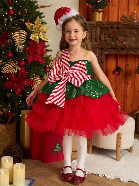 Glamorique Kids Christmas Occasion Toddler Young Girls Party Dress, Green Sequin Mesh Tulle Puffy Skirt, Red Mesh Hem Special Event Tutu Dress | SHEIN USA Kids Christmas Accessories, Party Dress Green, Toddler Christmas Dress, Puffy Skirt, Christmas Party Outfits, Baby Christmas Outfit, Christmas Style, Christmas Party Dress, Green Sequins