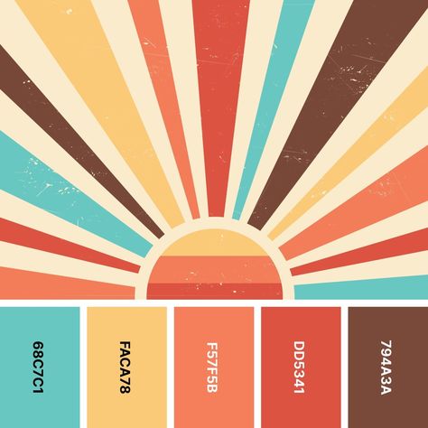 31 Retro Color Palettes for Throwback Designs - Color Meanings Retro Paint Palette, Poster Pallete Color, 2d Design Painting, Retro Color Pallet, Bright Colour Scheme, Color Patterns Palette, Color Code Canva, Colour Pallete Vintage, Folk Art Color Palette