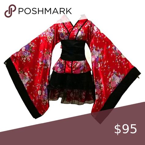 Japanese kimono women red cosplay like new! Only worn twice and no signs of wear. Absolutely beautiful. Dresses Long Sleeve Japanese Kimono, Flowers, Red, Black