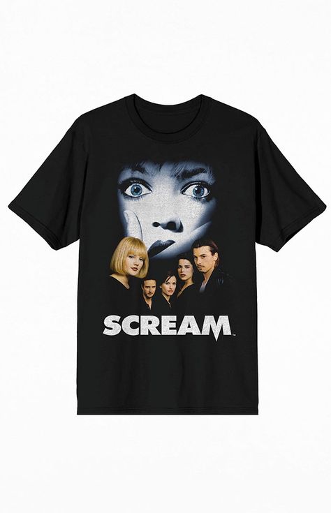 Online only! Scare up some style with this Scream tee. The shirt features the cast of characters in front of a black-and-white image of a black-and-white screaming face while white letters below spell out the Scream logo. The tee comes in a black long-sleeve crew neck. Fans of the Scream horror movies will love this comfy cotton t-shirt.   	Solid color tee 	Short sleeves 	Crew neckline 	Front graphic 	Machine washable Scream Logo, Screaming Face, The Scream, White Letters, The Cast, Pacsun, Scream, Horror Movies, Cotton T Shirt