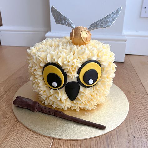 Hedgewig Owl Harry Potter Cake, Harry Potter Birthday Cake Buttercream, Harry Potter Cake Without Fondant, Golden Snitch Birthday Cake, Happy Potter Cake, Easy Harry Potter Cake Ideas, Buttercream Harry Potter Cake, Harry Potter Themed Birthday Cake, Harry Potter Drip Cake