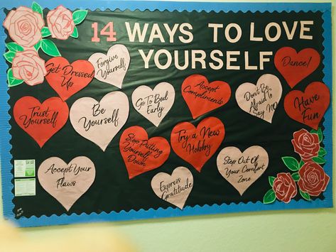 #loveyourself #bulletinBoard #RA #ResidentAssistant #college #Hearts #Febuary #bulletinboaedideas #reslifr #hearts #febuarybulletin Valentines Bulletin Boards College, February Bulletin Board Ideas High School, 28 Ways To Love Yourself Bulletin Board, February Bulletin Board Ideas College, Valentines Day Bulletin Board Ideas Ra, Ra Valentines Day Bulletin Boards, Valentine’s Day Ra Board, Valentines Ra Board, Love Yourself Bulletin Board