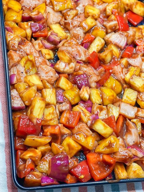 You will love Easy Sheet Pan Pineapple Chicken! It's just five main ingredients, super delicious, and on the table in 30 minutes. Hawaiian Sheet Pan Dinner, Sheet Pan Chicken And Pineapple, Chicken Parm Sheet Pan Dinner, Meat And Veggie Sheet Pan Meals, Pineapple Chicken Sheet Pan Dinner, Baked Pineapple Chicken Recipes, One Sheet Dinner Recipes, Sheetpan Chicken Dinner, Meals With Pineapple