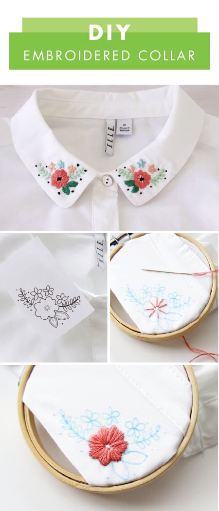 This DIY Embroidered Collar makes it easy for beginner and expert crafters alike to refresh their spring wardrobe. Have fun playing with the pastel colors of this floral design! Haft Vintage, Corak Sulaman, Haine Diy, Pola Bordir, Diy Broderie, Pola Sulam, Embroidered Collars, Embroidery On Clothes, 자수 디자인