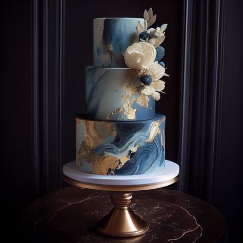 Blue And Gold Fondant Cake, Wedding Cake Ideas Elegant Blue, Dark Blue Cake Design, Blue White And Gold Wedding Cake, Navy And Rose Gold Wedding Cake, Wedding Cakes Blue And Gold, Blue And Gold Marble Cake, White And Royal Blue Wedding Cake, Gold And Blue Wedding Cake