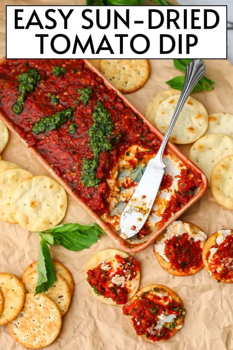 This easy vegan sun-dried tomato dip is a hit at every party with vegans and non-vegans alike! Blended sun-dried tomatoes blended with fresh garlic and basil comes together in about 5 minutes and can be made ahead of time.  It's perfect for parties, picnics, and holidays! thehiddenveggies.com Vegan Chips And Dip, Vegan Tapas Ideas, Vegan Dips And Appetizers, Cold Vegan Appetizers, Easy Vegetarian Potluck Recipes, Vegan Dips For Parties, Easy Vegan Dips, Vegan Gluten Free Appetizers, Vegan Snacks For Party