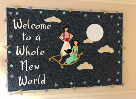 Disney Theme Resident Hall Disney Day At School Ideas, Aladdin Bulletin Board, Disney Welcome Back Bulletin Board, Aladdin Classroom Theme, Disney Theme Bulletin Board Ideas, Disney Themed Bulletin Boards, Disney Classroom Ideas, Disney Hallway, Disney Classroom Theme