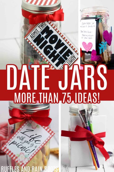 Make one of these date night jars using 70 free date night jar ideas and themes. Grab a mason jar and get ready to whip up a fun Valentine's Day, anniversary, or anytime gift for that special someone or someones. You can use popsicle sticks and write ideas or make fun picnic date nights, movie night date night jars, and so many more fun themes. Date Jars, Date Night Jar Ideas, Date Night Basket, Dates In A Jar, Free Dates, Free Date Night, Movie Basket, Date Night Movies, Inexpensive Date