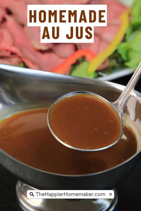 It's easy to make homemade Au Jus with just a few simple ingredients! Whether you are making beef stew or French dip sandwiches, au jus maxes out the flavor. Aus Jus Recipe Simple, Homemade Au Jus, Easy Au Jus Recipe, Roast Beef Au Jus, French Dip Au Jus, Beef Gravy Recipe, Jus Recipe, Beef Au Jus, Au Jus Recipe