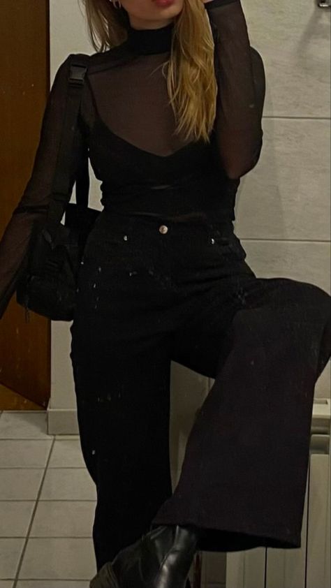 Mesh Black Shirt Outfit, Sheer Tops Aesthetic, Sheer Black Turtleneck Outfit, Black Sheer Top Outfit Classy, Sheer Black Shirt Outfit, Mesh Black Top Outfit, Mesh Top Outfit Classy, Sheer Long Sleeve Top Outfit, Sheer Black Top Outfit