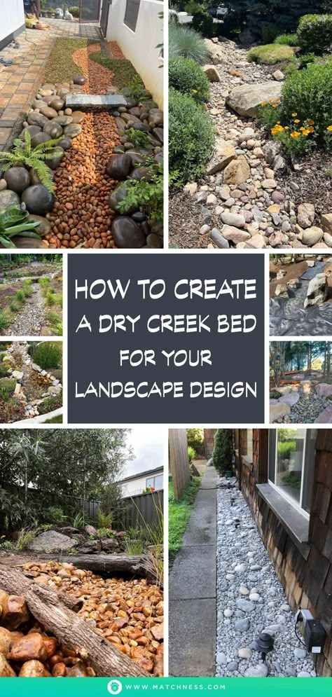 How to Create a Dry Creek Bed for Your Landscape Design - Matchness.com Backyard Dry Creek Landscaping, Stone River Garden Dry Creek Bed, Dry Rock Riverbed Landscaping, Garden Dry Creek Bed, Dry Bed Landscaping, Dry Riverbed Landscaping Slope, How To Make A Dry Creek Bed For Drainage, Side Yard Drainage Ideas, Dry River Bed Drainage