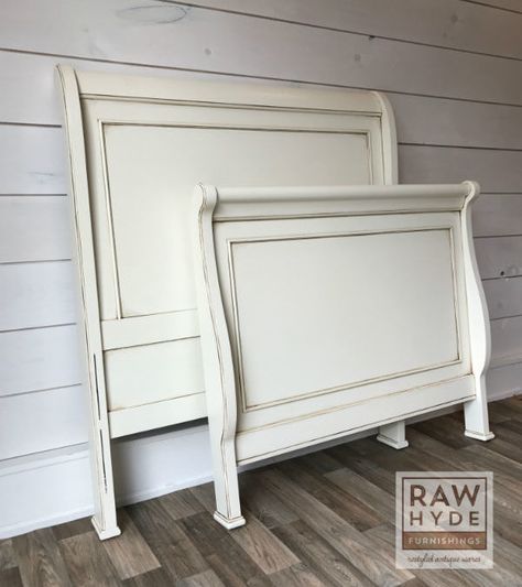 Painting Furniture White 5 Essential Tips - RAWHyde Furnishings All White Bedroom Furniture, Chalk Painted Headboard Ideas, Farmhouse Sleigh Bed Makeover, White Painted Furniture Bedroom, White Distressed Bedroom Furniture, Painting Headboard Ideas, Off White Bedroom Furniture, Painting A Headboard, Painted Headboard Ideas