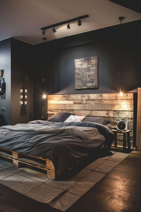 Men’s Room Ideas Grey, Dark Loft Bedroom, Small Men’s Bedroom, Room Ideas For Men Bedroom Aesthetic, Man Room Ideas Bedrooms, Rustic Bedroom Ideas For Men, Dark Bedroom Ideas For Men, Man Room Ideas, Dark Accent Wall Bedroom