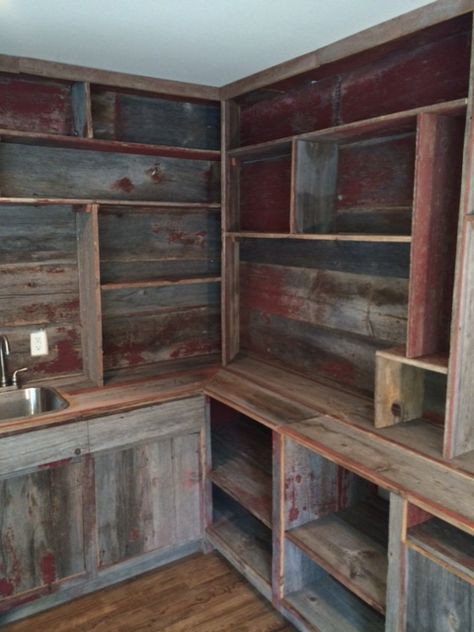 Rustic Diy Kitchen Cabinets, Book Shelf Pantry Ideas, Barn Board Shelves, Rustic Built In Shelves, Tin Kitchen Cabinets, Old Barn Wood Projects, Barnwood Cabinet, Barn Wood Shelves, Best Kitchen Storage