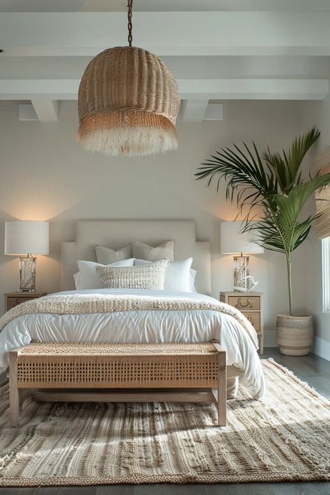 Apartment Decorating Beach, White Beach Bedroom, Costal Bedroom Idea, Neutral Coastal Bedroom, Neutral Boho Bedroom, Hawaii Apartment, Neutral Guest Bedroom, Coastal Guest Bedroom, Bali Bedroom