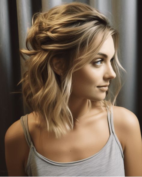 Shoulder Length Hair Fancy Styles, Mid Length Hair Wedding Styles Half Up, Should Length Bridesmaid Hair, Wedding Hairstyles Over The Shoulder, Bridesmaid Easy Updo, Hair Half Up Half Down Shoulder Length, Half Up Half Down Hair Wedding Medium Length Layered Hairstyles, Dressy Shoulder Length Hair Styles, Shoulder Length Glam Waves