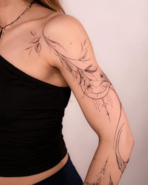 Ornamental Wave Tattoo, Tattoo Arm Sleeves For Women, Oncology Tattoo, Fine Line Thigh Tattoos Women, Arm And Shoulder Tattoo, Ethereal Tattoo Sleeve, Shoulder Wrap Tattoo, Flowy Tattoo, Shoulder Tattoo Flower