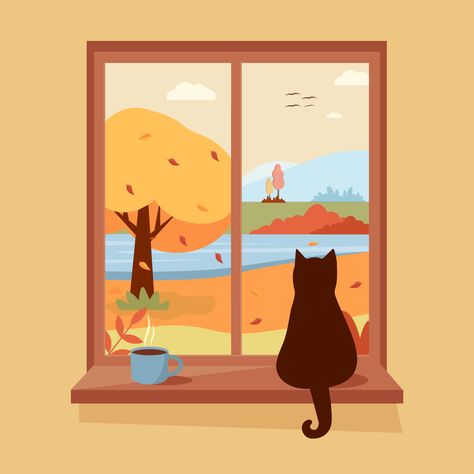 Autumn Window Illustration, Window Sill Illustration, Cozy Cat Drawing, Cute Window Illustration, Cat In Window Illustration, Cat Window Illustration, Cozy Animation, Shop Window Design Ideas, Cat Sitting On Window Sill