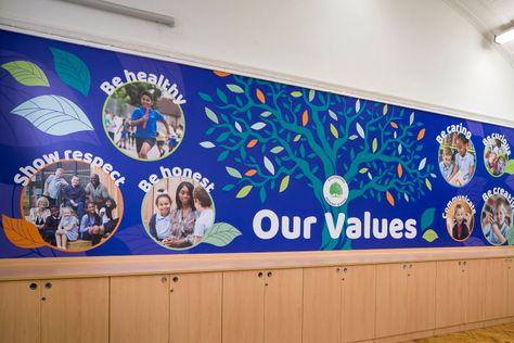 School Wall Art Ideas Classroom, Values Wall, School Values, School Wall Art Ideas, Display Boards For School, School Wall Decoration, School Signage, School Reception, School Hall