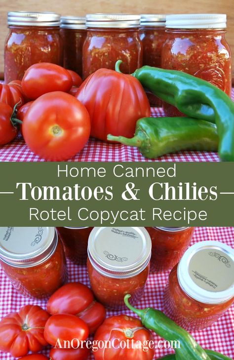 A true Rotel copycat recipe that uses only what's on the can's ingredient list (no sugar or other additives). Choose a safe canning method or freezing to preserve this to use all year long in recipes like dips, salsas, and more. #rotel #tomatoes #preserving Chopped Tomatoes Canned, Canning Rotel Style Tomatoes, Copycat Rotel For Canning, Rotel Canned Tomatoes, Diy Rotel Canning, Canned Rotel Recipe, Rotelle Recipes, Canning And Freezing, Tomatoe Canning Recipe