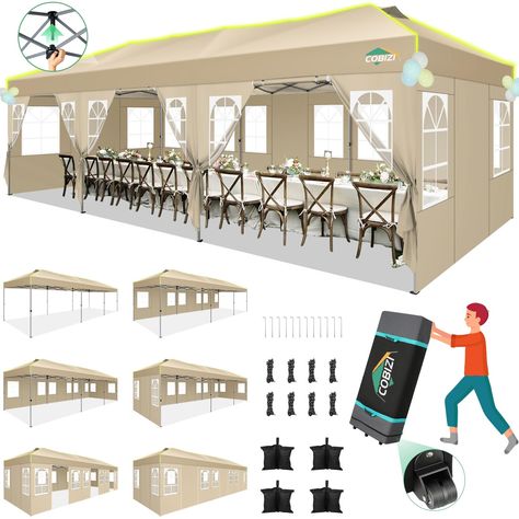 PRICES MAY VARY. Setup with Push Center Top, Thumb Anti-pinch Height Adjustment: 10x30 party tent is designed for quick and easy setup. No tools are required just 3-4 people can unfold the frame and push the center button up to complete the installation. Press the button to take it down. Pop up canopy legs feature thumb anti-pinch buttons for adjusting the height, offering three options: 103.2 inches, 110.3 inches, and 117.4 inches. Air Ventilation, Reflective strips: 10x30 pop up canopy feature Commercial Canopy, Party Canopy, Instant Tent, Beach Canopy, Color Caqui, Backyard Canopy, Wedding Canopy, Canopy Frame, Canopy Shelter