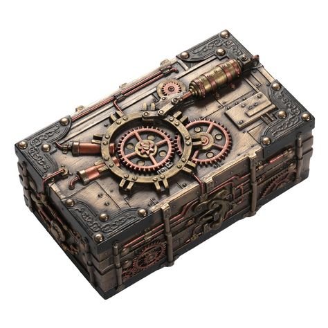 PRICES MAY VARY. Steampunk Jewelry Box This jewelry box is perfect for anyone who loves the Steampunk genre. It has been decorated in that style, with lots of cogs and gears pipes and valves, copper and bronze. It's an eye-catching and unique piece, and useful, too! Size: 7 1/2" W Material: Cold-cast bronze Steampunk Diy Crafts, Cogs And Gears, Jewelry Box With Lock, Steampunk Items, Box With Lock, Steampunk House, Horror Makeup, Steampunk Cosplay, Steampunk Diy