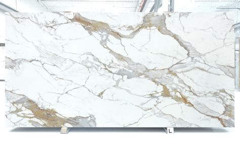 Calcata Countertop, White And Gold Countertops Kitchen, White Quartz With Black And Gold Veins, Calacatta Supreme Quartz, Dramatic Quartz Countertops, Countertops 2024 Trends, Quartz With Veining, Gray Quartz Countertops White Cabinets, Waterfall Island Kitchen Quartz